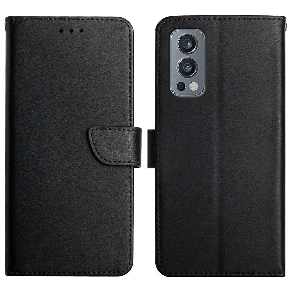 Nappa Texture Cellphone Protector Genuine Leather Outer Cover + Soft TPU Inner Shell Solid Color Stand Wallet Case for OnePlus Nord 2 5G - Black - 1
