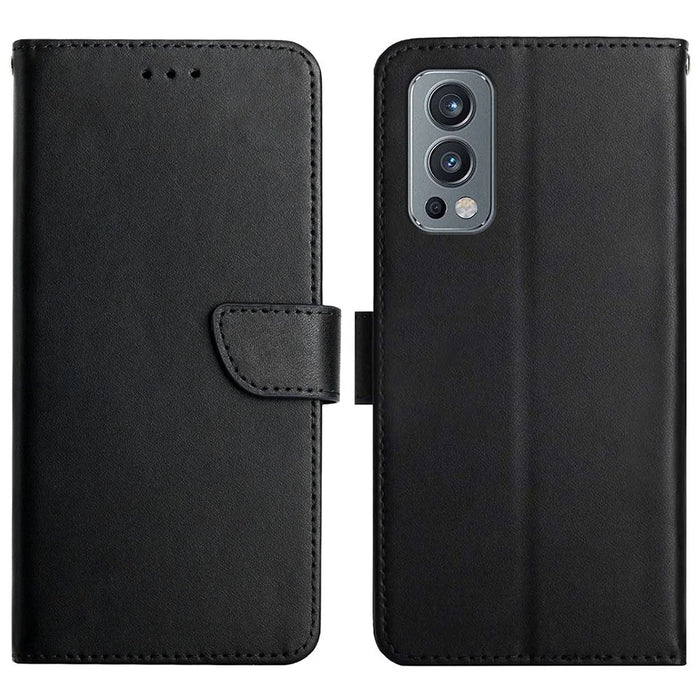 Nappa Texture Cellphone Protector Genuine Leather Outer Cover + Soft TPU Inner Shell Solid Color Stand Wallet Case for OnePlus Nord 2 5G - Black - 1