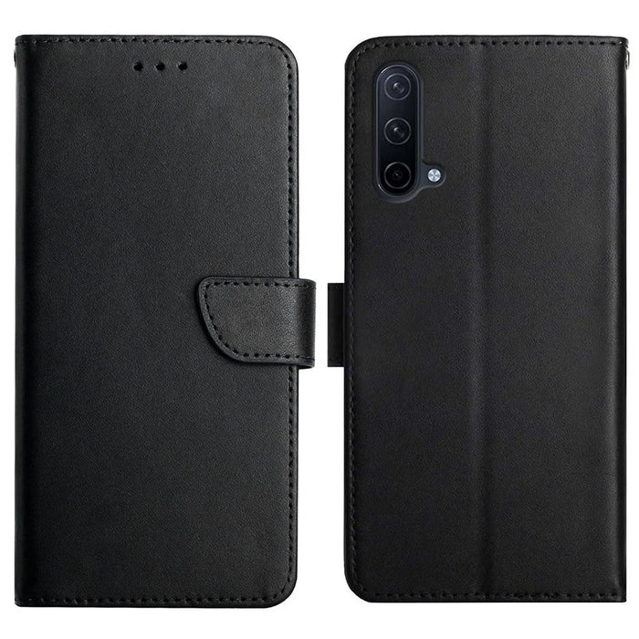 Solid Color Smooth Touch Nappa Texture Genuine Leather Outer Cover + Soft TPU Inner Shell with Stand Wallet for OnePlus Nord CE 5G - Black - 1