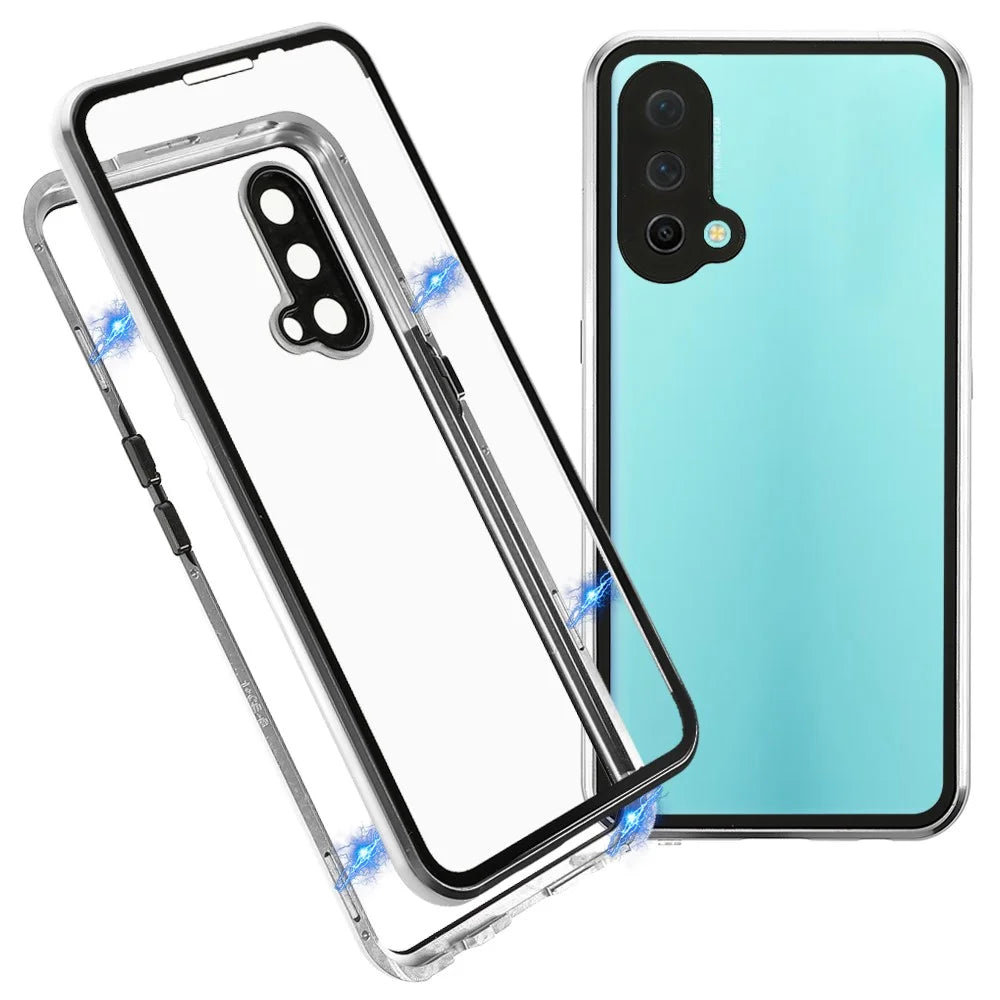 Double Side Tempered Glass Phone Case + Metal Frame with Lock Ultra Clear Cover for OnePlus Nord CE 5G - Silver - 1