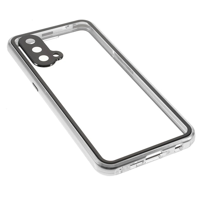 Double Side Tempered Glass Phone Case + Metal Frame with Lock Ultra Clear Cover for OnePlus Nord CE 5G - Silver - 3