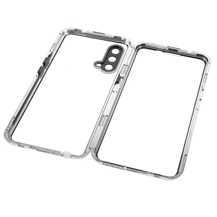 Double Side Tempered Glass Phone Case + Metal Frame with Lock Ultra Clear Cover for OnePlus Nord CE 5G - Silver - 6