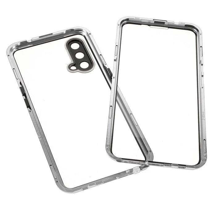 Double Side Tempered Glass Phone Case + Metal Frame with Lock Ultra Clear Cover for OnePlus Nord CE 5G - Silver - 7