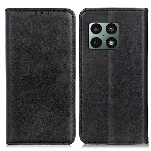 Magnetic Auto Closure Phone Case Split Leather + TPU All-round Protection Stand Wallet Cover for OnePlus 10 Pro 5G - Black - 1