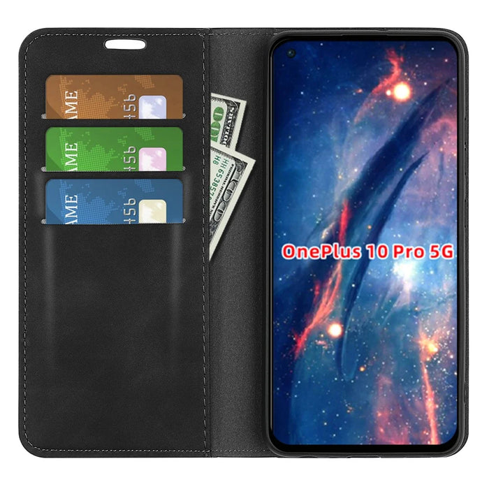 Skin-Touch PU Leather Cover Auto Magnetic Closure Wallet Stand Phone Shell for OnePlus 10 Pro 5G - Black - 5