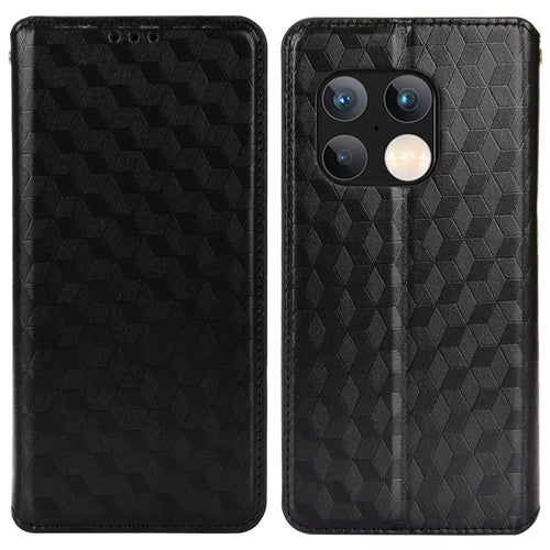 PU Leather Cover + Inner TPU Phone Case 3D Rhombus Pattern Shockproof Protector with Stand Wallet for OnePlus 10 Pro 5G - Black - 1