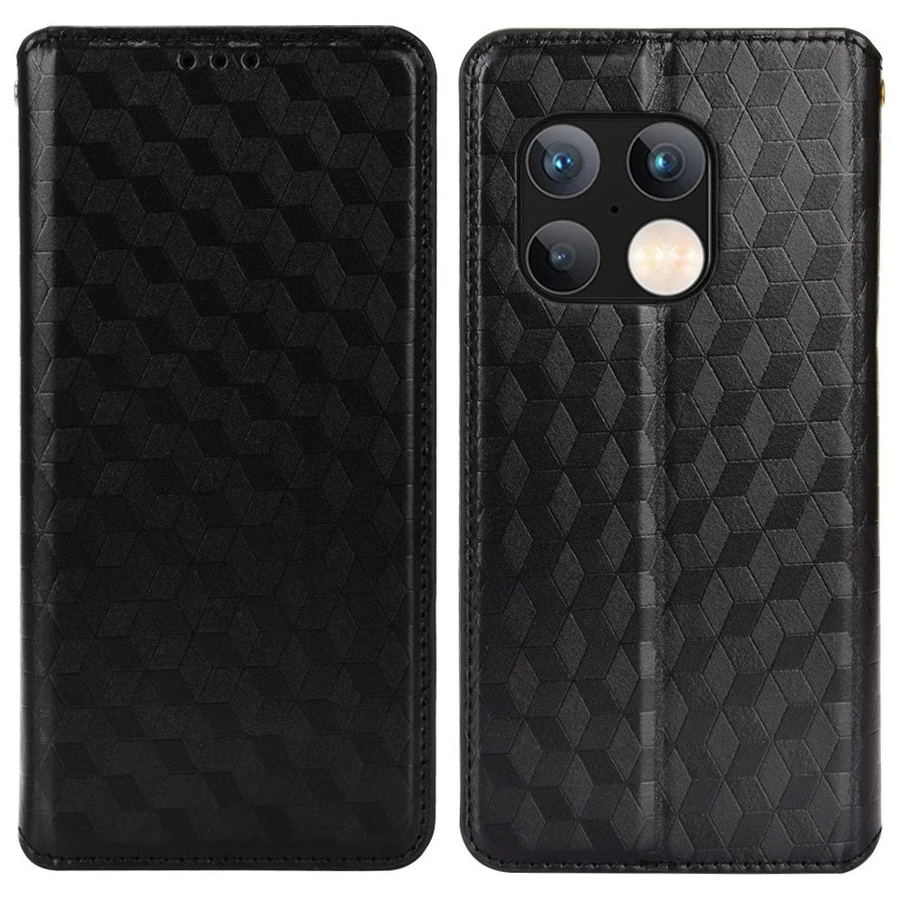 PU Leather Cover + Inner TPU Phone Case 3D Rhombus Pattern Shockproof Protector with Stand Wallet for OnePlus 10 Pro 5G - Black - 1