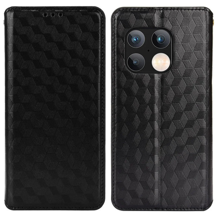 PU Leather Cover + Inner TPU Phone Case 3D Rhombus Pattern Shockproof Protector with Stand Wallet for OnePlus 10 Pro 5G - Black - 1