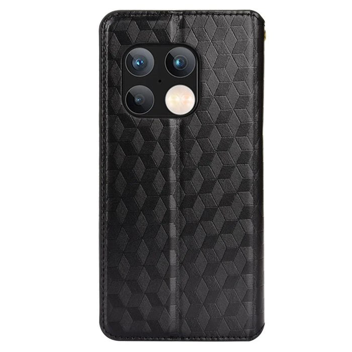 PU Leather Cover + Inner TPU Phone Case 3D Rhombus Pattern Shockproof Protector with Stand Wallet for OnePlus 10 Pro 5G - Black - 3