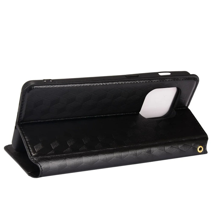 PU Leather Cover + Inner TPU Phone Case 3D Rhombus Pattern Shockproof Protector with Stand Wallet for OnePlus 10 Pro 5G - Black - 4