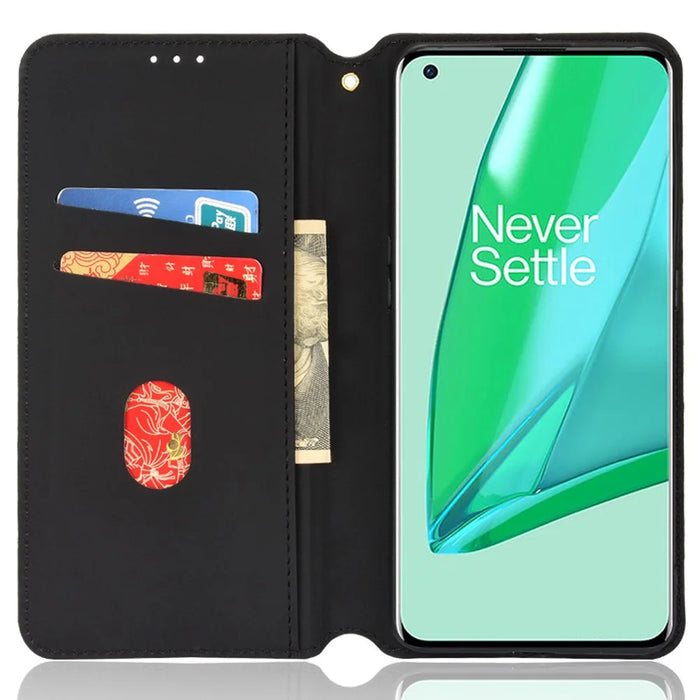 PU Leather Cover + Inner TPU Phone Case 3D Rhombus Pattern Shockproof Protector with Stand Wallet for OnePlus 10 Pro 5G - Black - 5