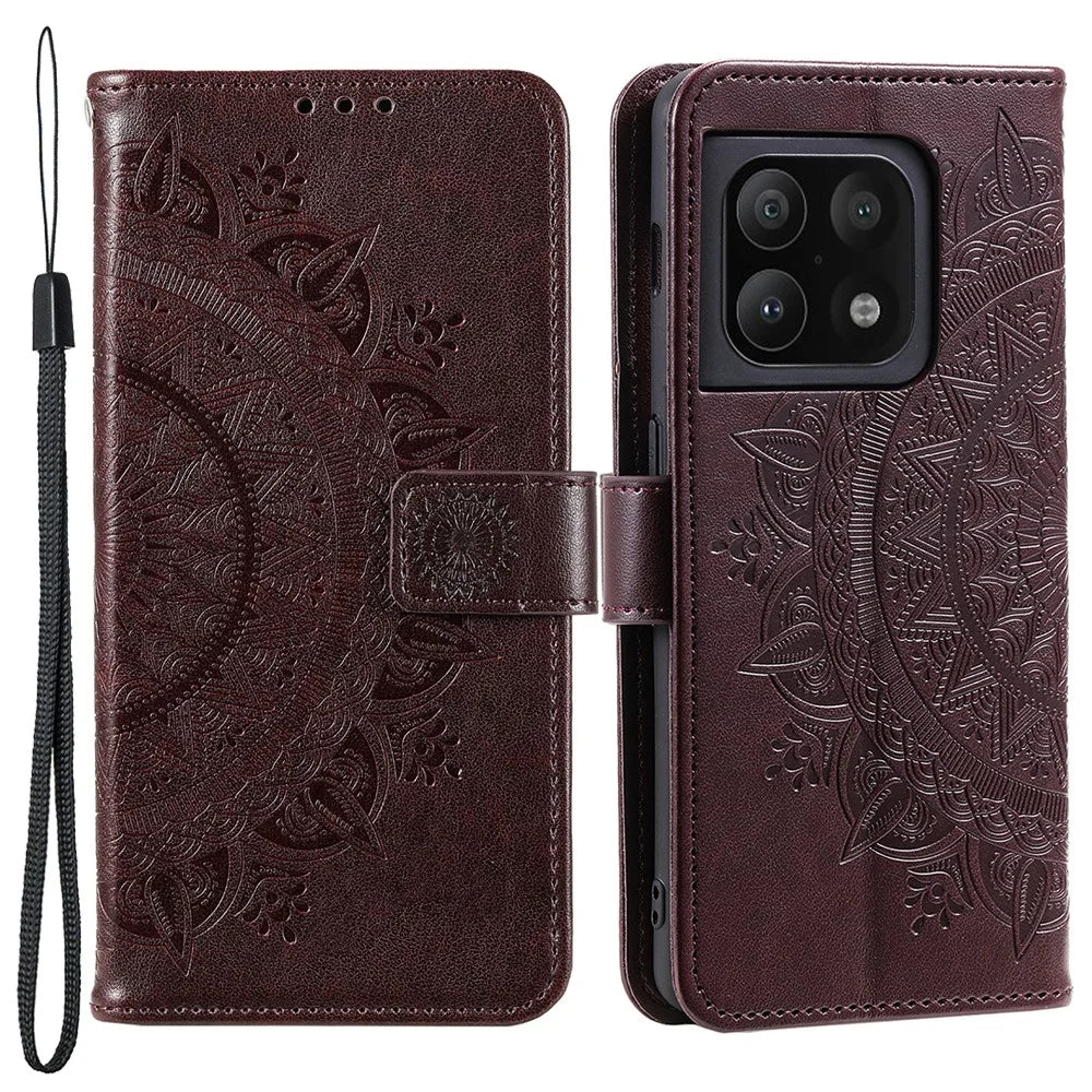Imprinted Mandala Flower Stand Wallet Leather Cover PU Leather Full Protection Phone Case with Strap for OnePlus 10 Pro 5G - Brown - 1