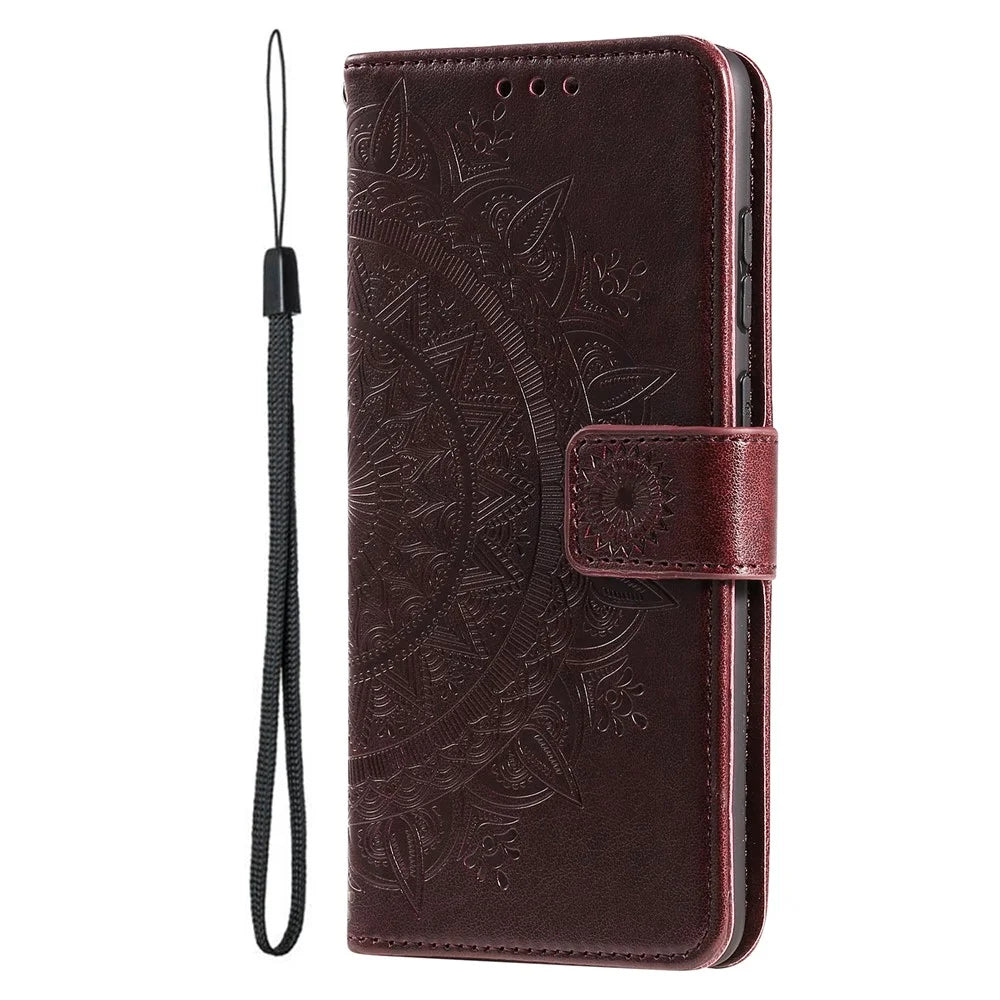 Imprinted Mandala Flower Stand Wallet Leather Cover PU Leather Full Protection Phone Case with Strap for OnePlus 10 Pro 5G - Brown - 2