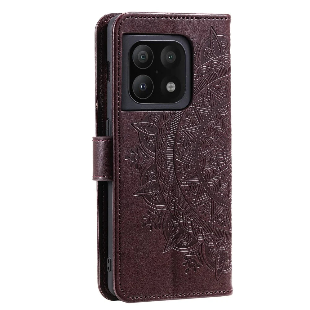 Imprinted Mandala Flower Stand Wallet Leather Cover PU Leather Full Protection Phone Case with Strap for OnePlus 10 Pro 5G - Brown - 3