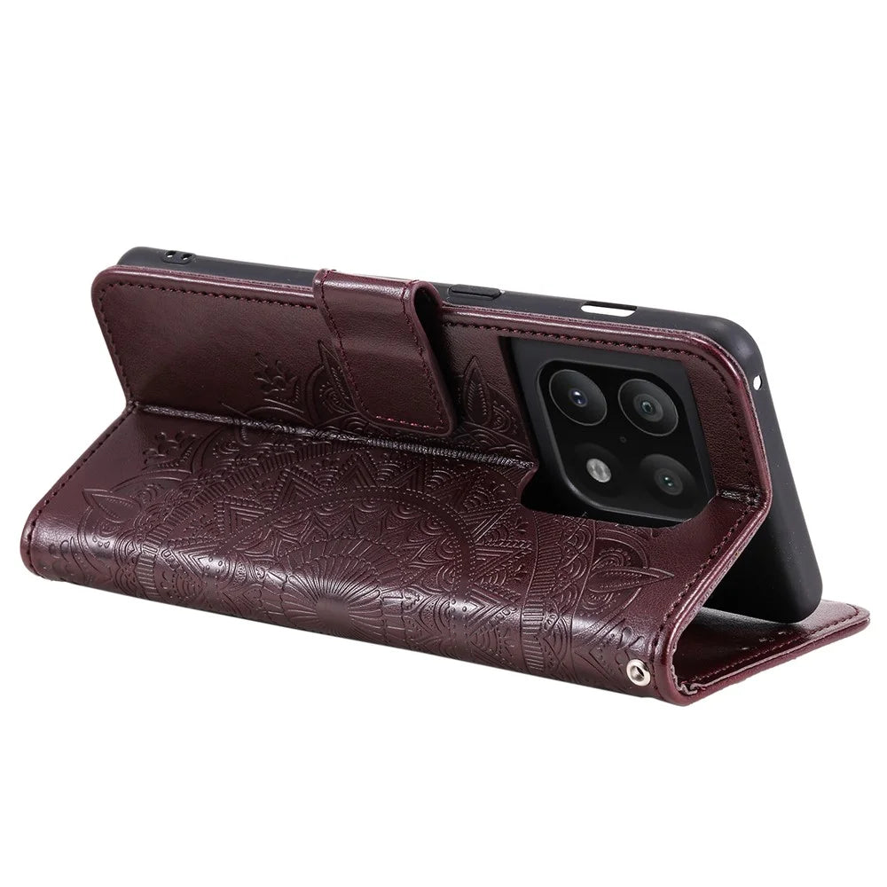 Imprinted Mandala Flower Stand Wallet Leather Cover PU Leather Full Protection Phone Case with Strap for OnePlus 10 Pro 5G - Brown - 6