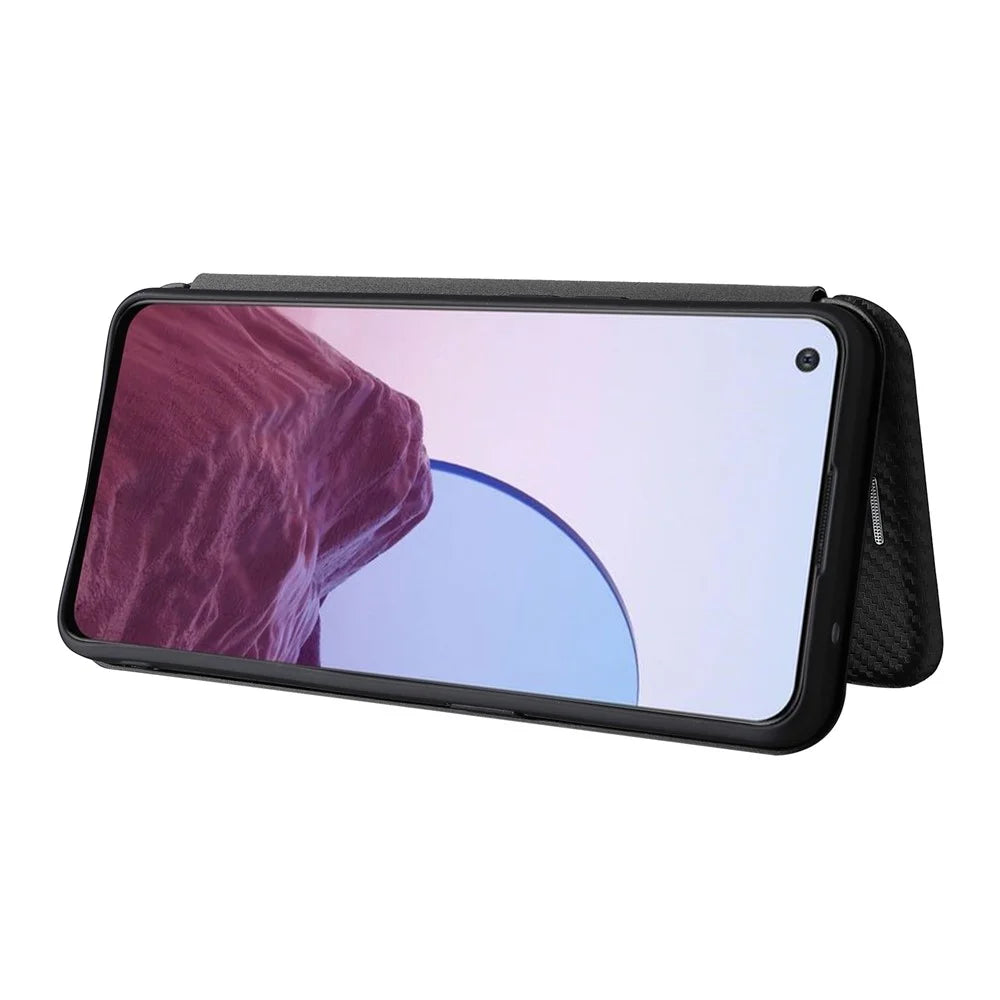 Ring Strap Kickstand Design Carbon Fiber Texture PU Leather Shockproof Mobile Phone Case with Card Slot for OnePlus Nord N20 5G - Black - 5