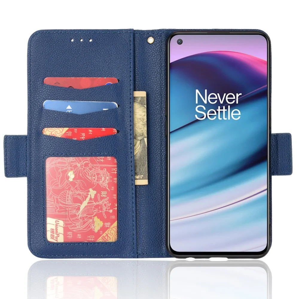 Litchi Texture PU Leather Wallet Magnetic Closure Cover Stand Flip Folio Shockproof Phone Case for OnePlus Nord CE 5G - Dark Blue - 3