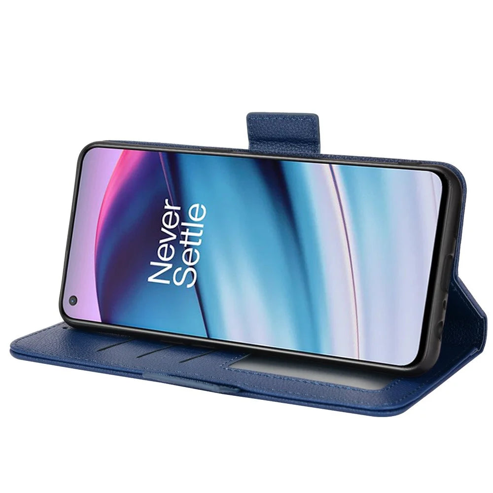 Litchi Texture PU Leather Wallet Magnetic Closure Cover Stand Flip Folio Shockproof Phone Case for OnePlus Nord CE 5G - Dark Blue - 4