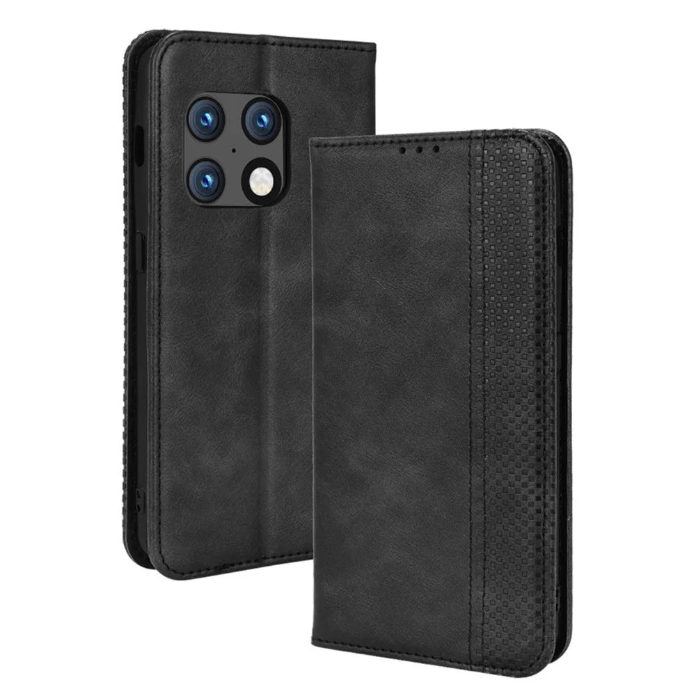 360 Degrees Wrapped Retro Style Imprinted Leather Cover + TPU Inner Case Wallet Stand Phone Cover Shell for OnePlus 10 Pro 5G - Black - 1