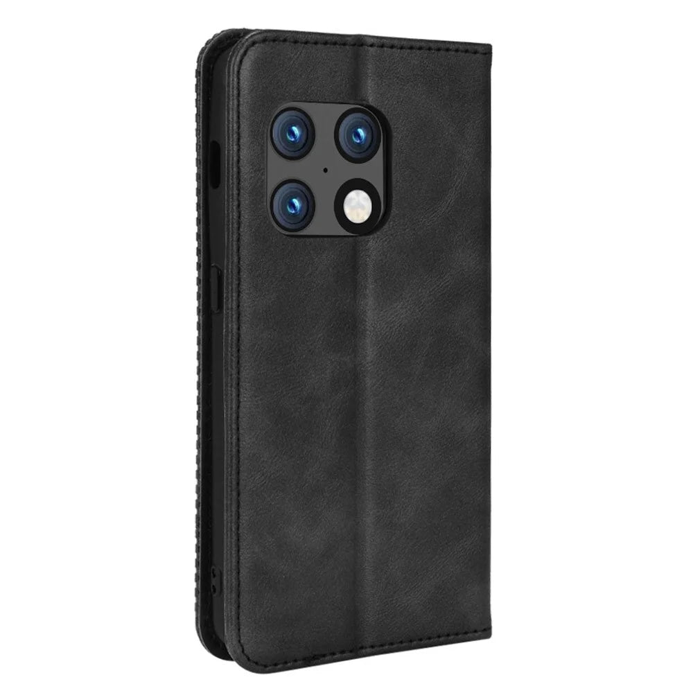 360 Degrees Wrapped Retro Style Imprinted Leather Cover + TPU Inner Case Wallet Stand Phone Cover Shell for OnePlus 10 Pro 5G - Black - 3