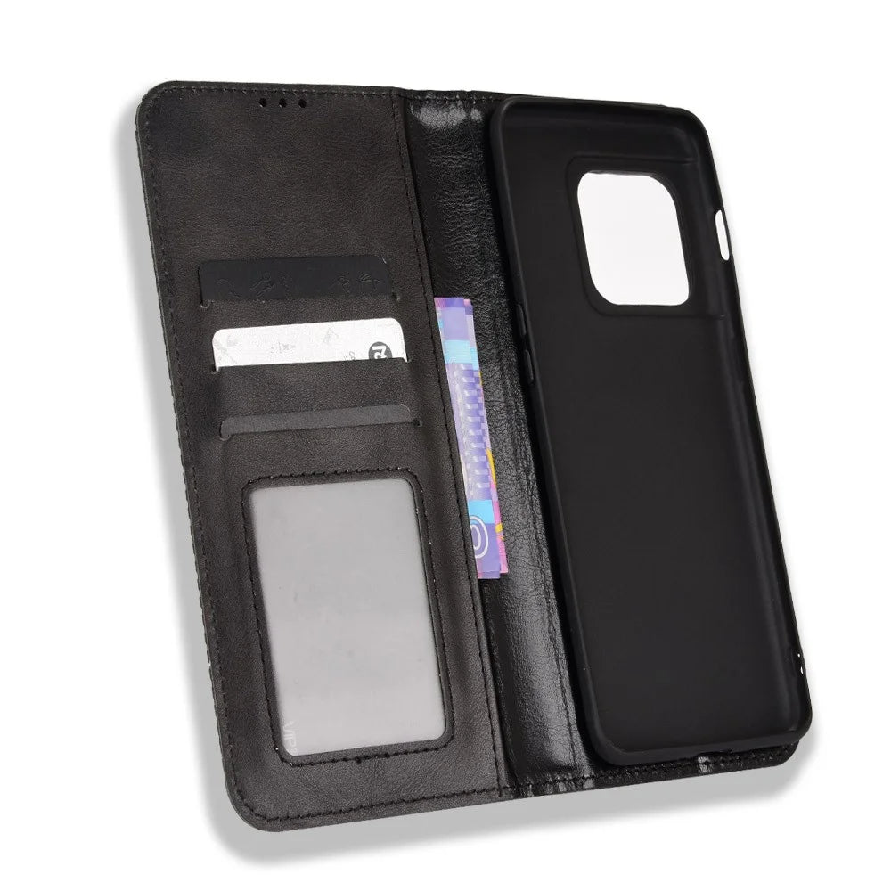 360 Degrees Wrapped Retro Style Imprinted Leather Cover + TPU Inner Case Wallet Stand Phone Cover Shell for OnePlus 10 Pro 5G - Black - 6
