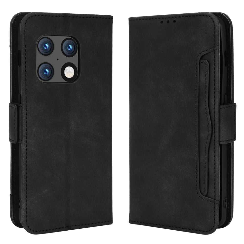 Multiple Card Slot PU Leather + TPU All-round Shockproof Phone Cover with Stand Cash Pocket for OnePlus 10 Pro 5G - Black - 1