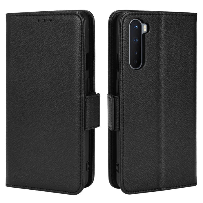 Litchi Texture Double Magnetic Clasp Leather Case for OnePlus Nord, Stand Wallet Folio Flip Phone Cover - Black - 1