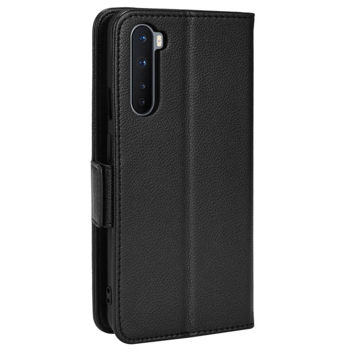 Litchi Texture Double Magnetic Clasp Leather Case for OnePlus Nord, Stand Wallet Folio Flip Phone Cover - Black - 3