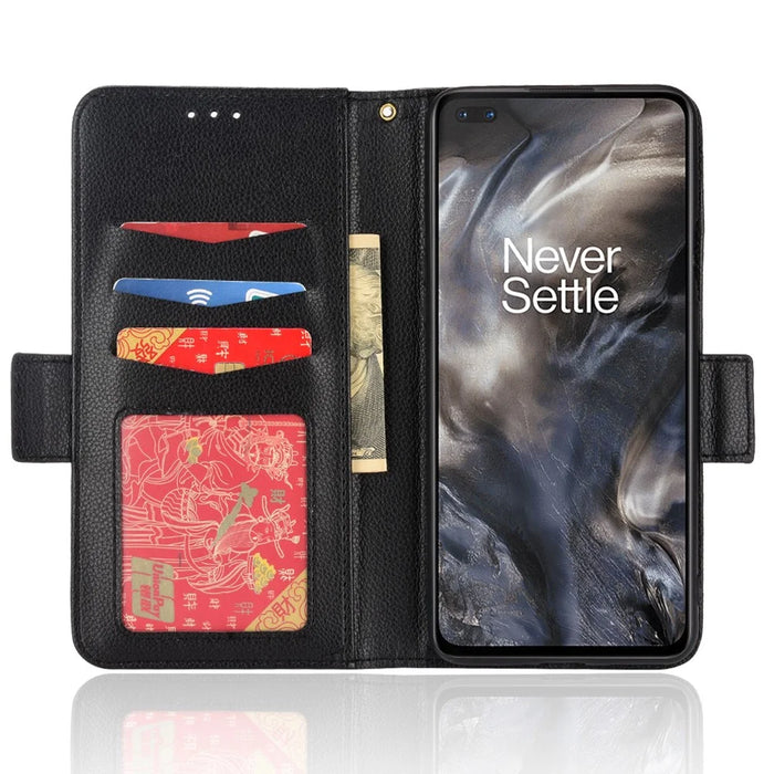 Litchi Texture Double Magnetic Clasp Leather Case for OnePlus Nord, Stand Wallet Folio Flip Phone Cover - Black - 4