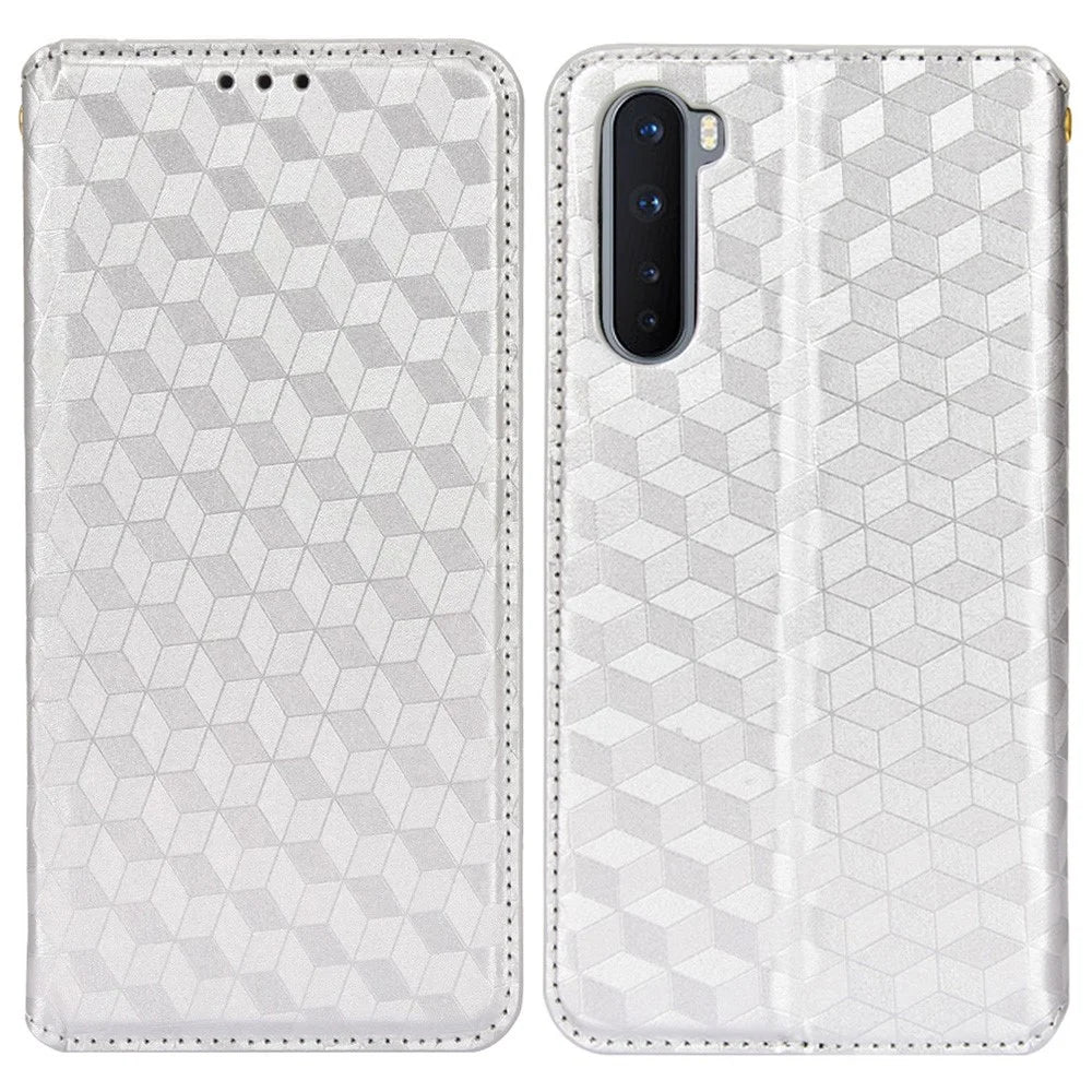 For OnePlus Nord Rhombus Imprinted PU Leather + TPU Phone Case Stand Wallet Protective Cover - Silver - 1