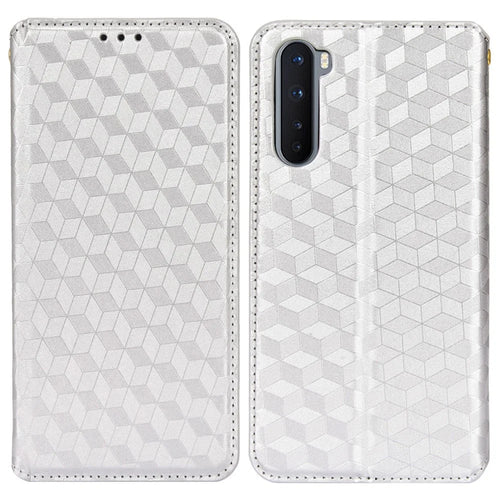 For OnePlus Nord Rhombus Imprinted PU Leather + TPU Phone Case Stand Wallet Protective Cover - Silver - 1
