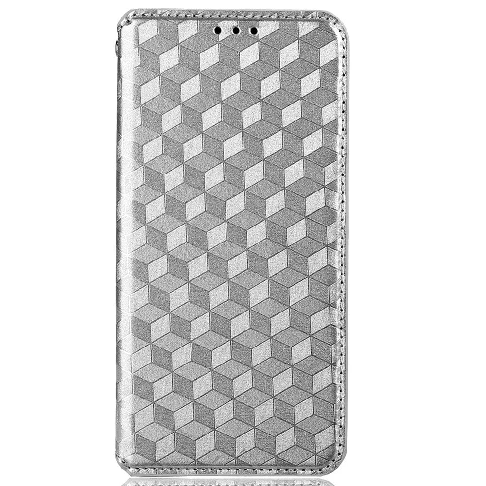 For OnePlus Nord Rhombus Imprinted PU Leather + TPU Phone Case Stand Wallet Protective Cover - Silver - 2