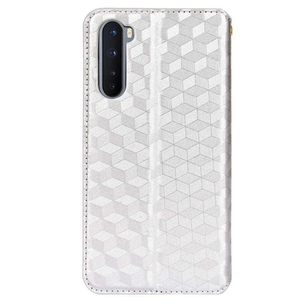 For OnePlus Nord Rhombus Imprinted PU Leather + TPU Phone Case Stand Wallet Protective Cover - Silver - 3