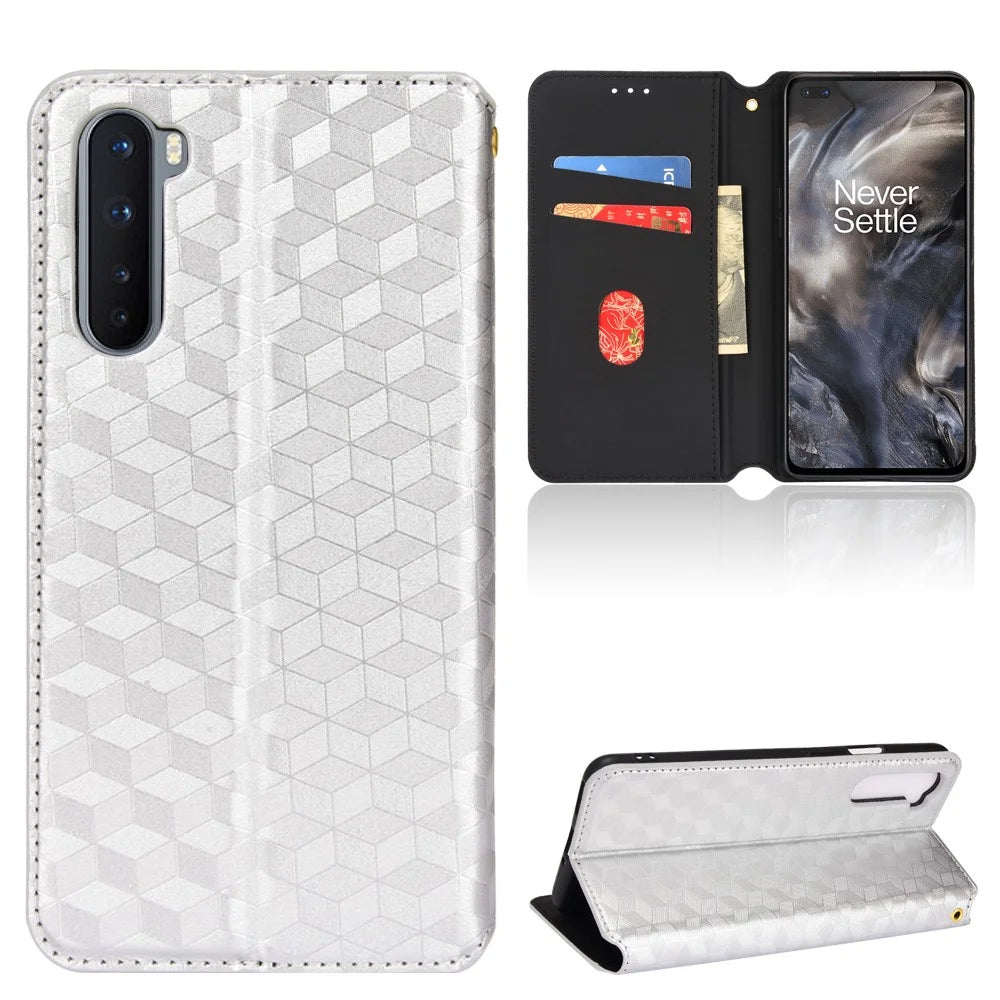 For OnePlus Nord Rhombus Imprinted PU Leather + TPU Phone Case Stand Wallet Protective Cover - Silver - 7