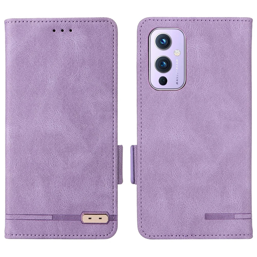 For OnePlus 9 (EU / US Version) Leather+TPU Dual-layer Defense Side Magnetic Clasps Hardware Design Flip Phone Case with Wallet Stand - Purple - 1