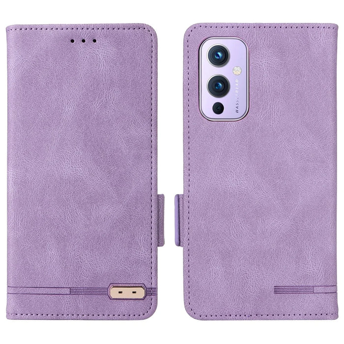 For OnePlus 9 (EU / US Version) Leather+TPU Dual-layer Defense Side Magnetic Clasps Hardware Design Flip Phone Case with Wallet Stand - Purple - 1