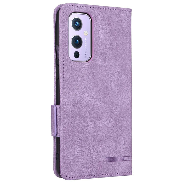 For OnePlus 9 (EU / US Version) Leather+TPU Dual-layer Defense Side Magnetic Clasps Hardware Design Flip Phone Case with Wallet Stand - Purple - 3