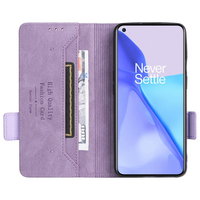 For OnePlus 9 (EU / US Version) Leather+TPU Dual-layer Defense Side Magnetic Clasps Hardware Design Flip Phone Case with Wallet Stand - Purple - 4