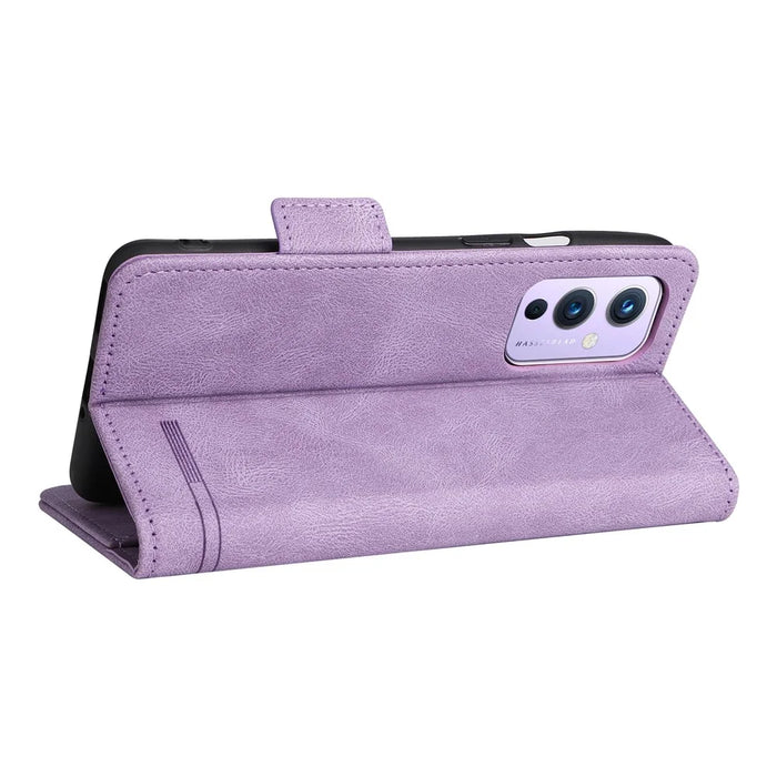 For OnePlus 9 (EU / US Version) Leather+TPU Dual-layer Defense Side Magnetic Clasps Hardware Design Flip Phone Case with Wallet Stand - Purple - 6