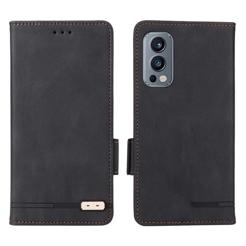 For OnePlus Nord 2 5G Side Magnetic Clasps Hardware Design Cover Leather+TPU Smartphone Case Shell with Wallet Stand - Black - 1