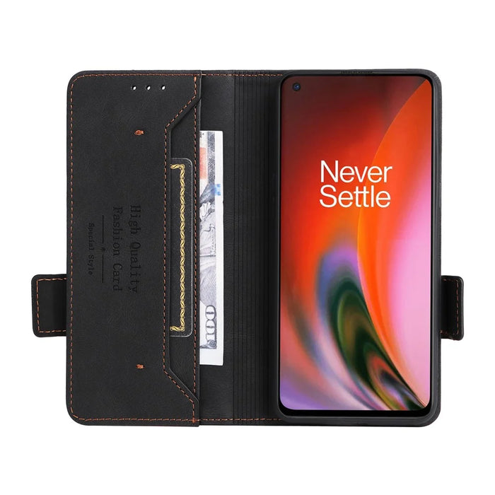 For OnePlus Nord 2 5G Side Magnetic Clasps Hardware Design Cover Leather+TPU Smartphone Case Shell with Wallet Stand - Black - 6