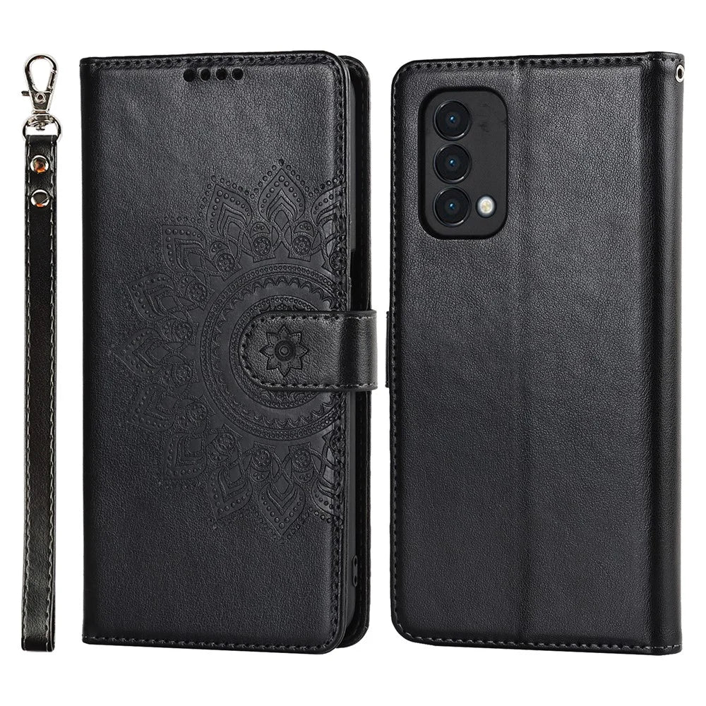 For OnePlus Nord N200 5G R61 Texture Felled Seam Pattern Imprinted Leather Cover Stand Wallet Phone Case - Black - 1