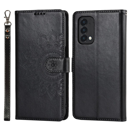 For OnePlus Nord N200 5G R61 Texture Felled Seam Pattern Imprinted Leather Cover Stand Wallet Phone Case - Black - 1