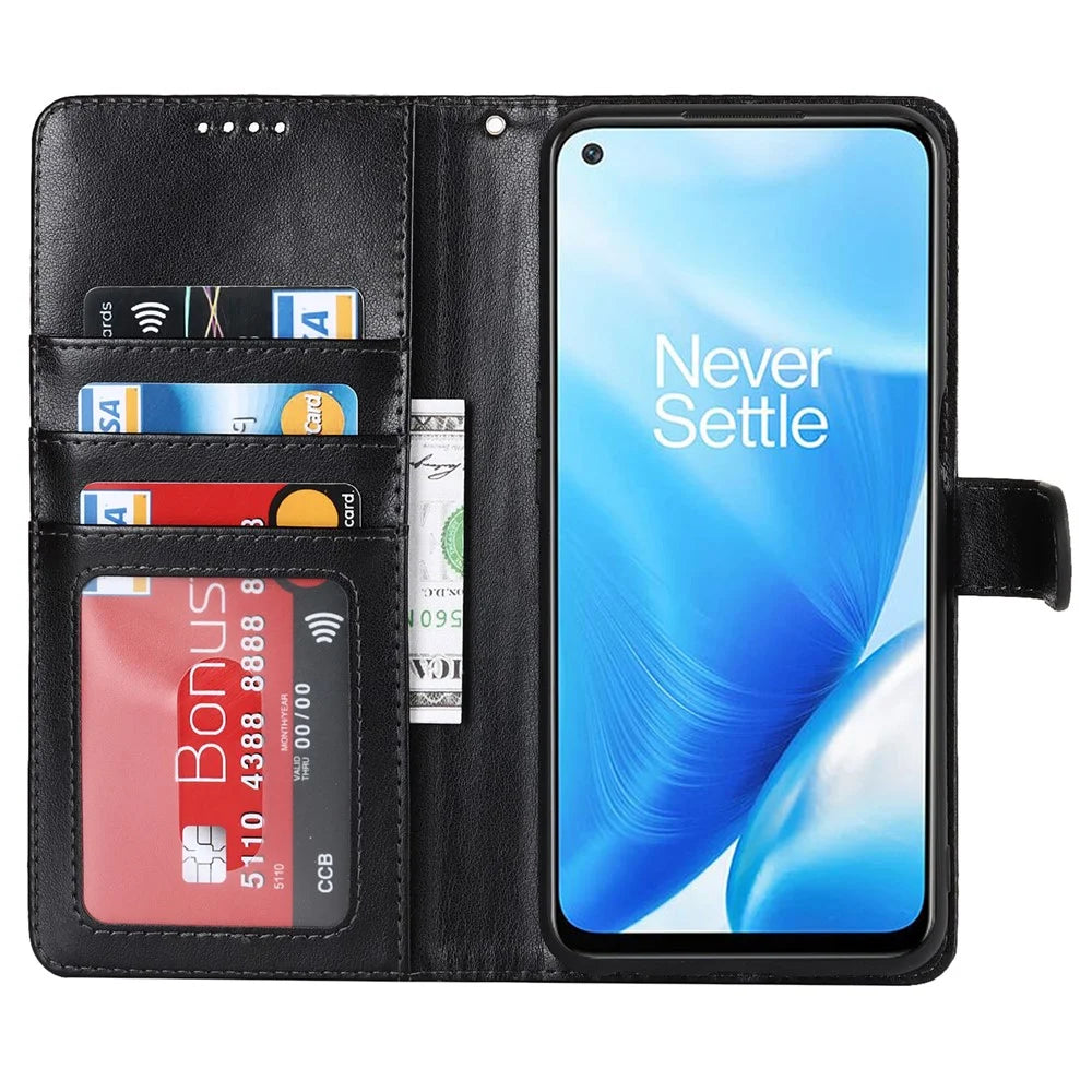 For OnePlus Nord N200 5G R61 Texture Felled Seam Pattern Imprinted Leather Cover Stand Wallet Phone Case - Black - 4
