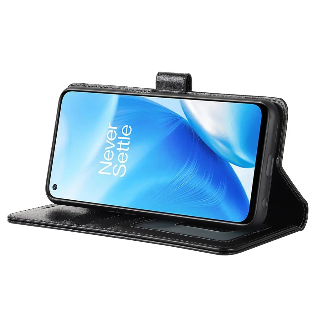 For OnePlus Nord N200 5G R61 Texture Felled Seam Pattern Imprinted Leather Cover Stand Wallet Phone Case - Black - 5