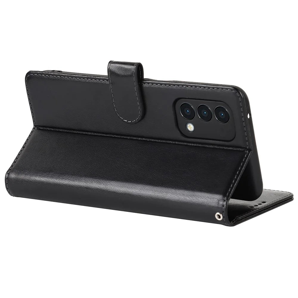 For OnePlus Nord N200 5G R61 Texture Felled Seam Pattern Imprinted Leather Cover Stand Wallet Phone Case - Black - 6