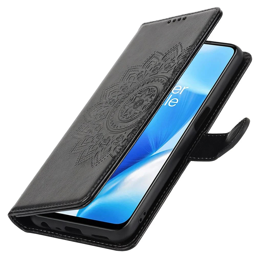 For OnePlus Nord N200 5G R61 Texture Felled Seam Pattern Imprinted Leather Cover Stand Wallet Phone Case - Black - 7