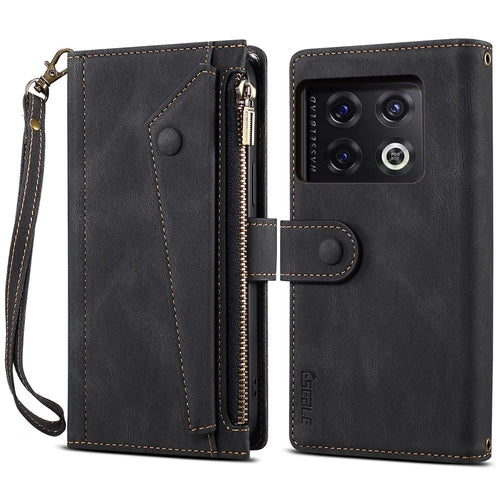 ESEBLE For OnePlus 10 Pro 5G Foldable Stand Wallet Cover Multi-functional Zipper Pocket Cell Phone Case - Black - 1