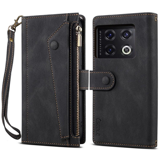 ESEBLE For OnePlus 10 Pro 5G Foldable Stand Wallet Cover Multi-functional Zipper Pocket Cell Phone Case - Black - 1