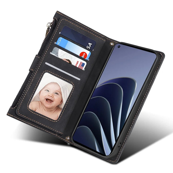 ESEBLE For OnePlus 10 Pro 5G Foldable Stand Wallet Cover Multi-functional Zipper Pocket Cell Phone Case - Black - 5
